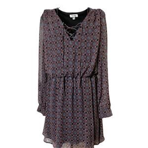 OLSENBOYE Dress Size Large Blue  Red Geometric Print V-Neck Long Sleeve Lined